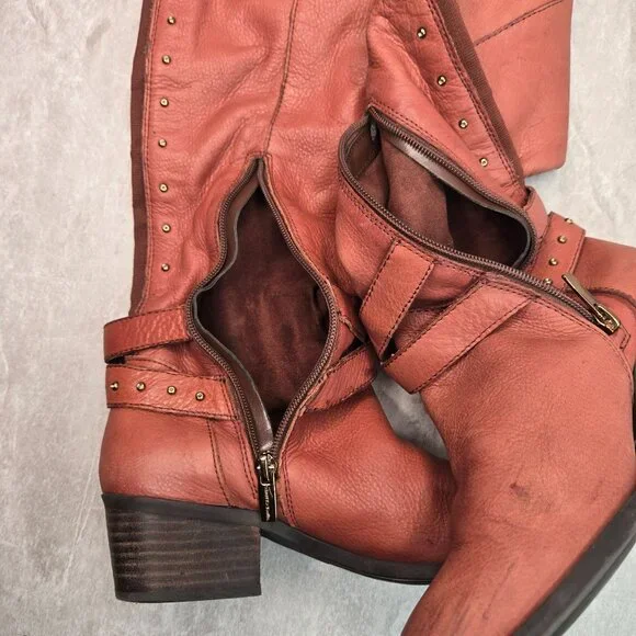 Vince Camuto Equestrian Boots 7.5 Brown Leather Knee High Studded Western Riding - Picture 9 of 14